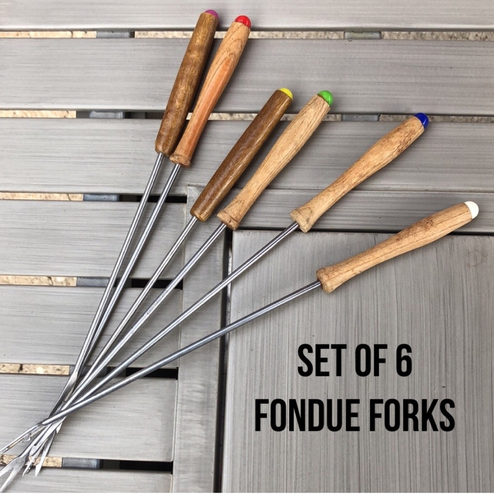 Set of Six Gently Used Fondue Forks-Wooden Handles-Vintage